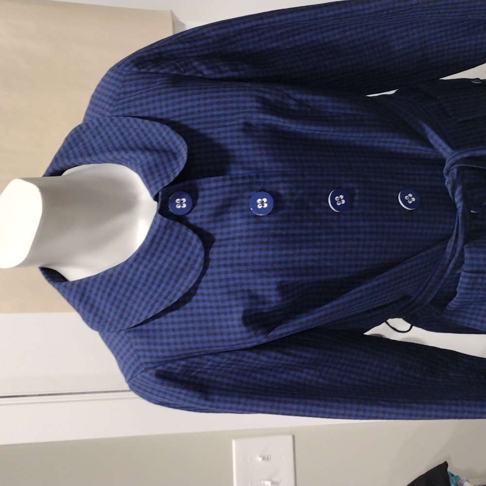 Semantiks black and blue plaid silk and linen trench coat. Large